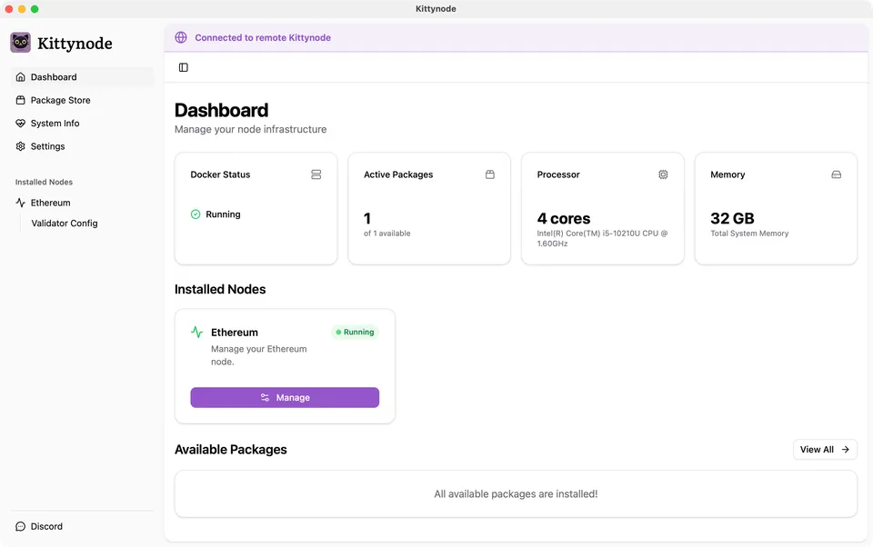 Kittynode desktop app dashboard